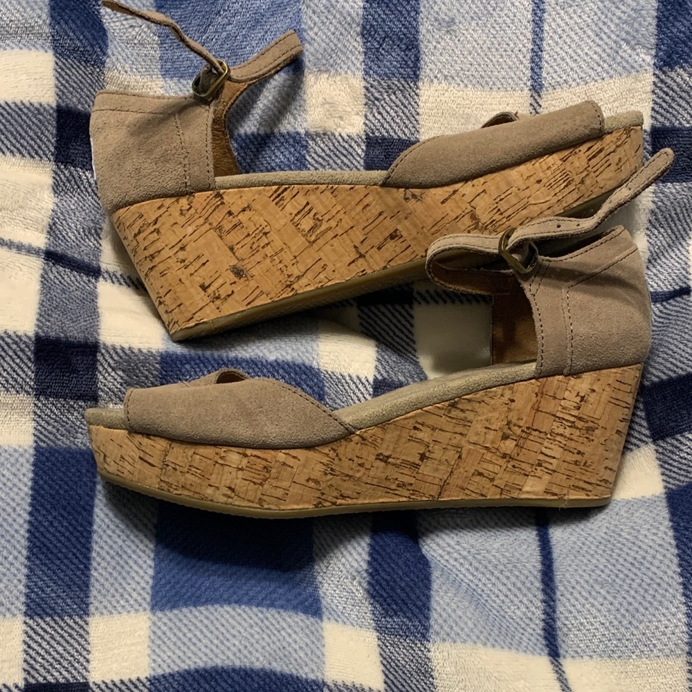 Toms Taupe Suede Cork Wedges